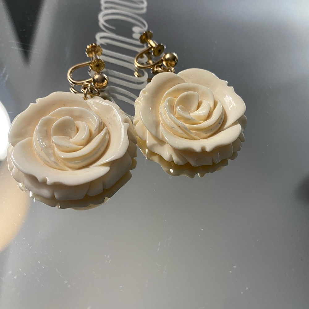 Ivory Rose Carved vintage earrings with 14K screw-on.